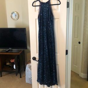 Midnight blue sequin formal floor length dress